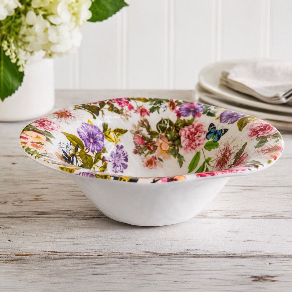 Michel Design Works Peony 14” Large Melamine Serving Salad Bowl Floral Butterfly